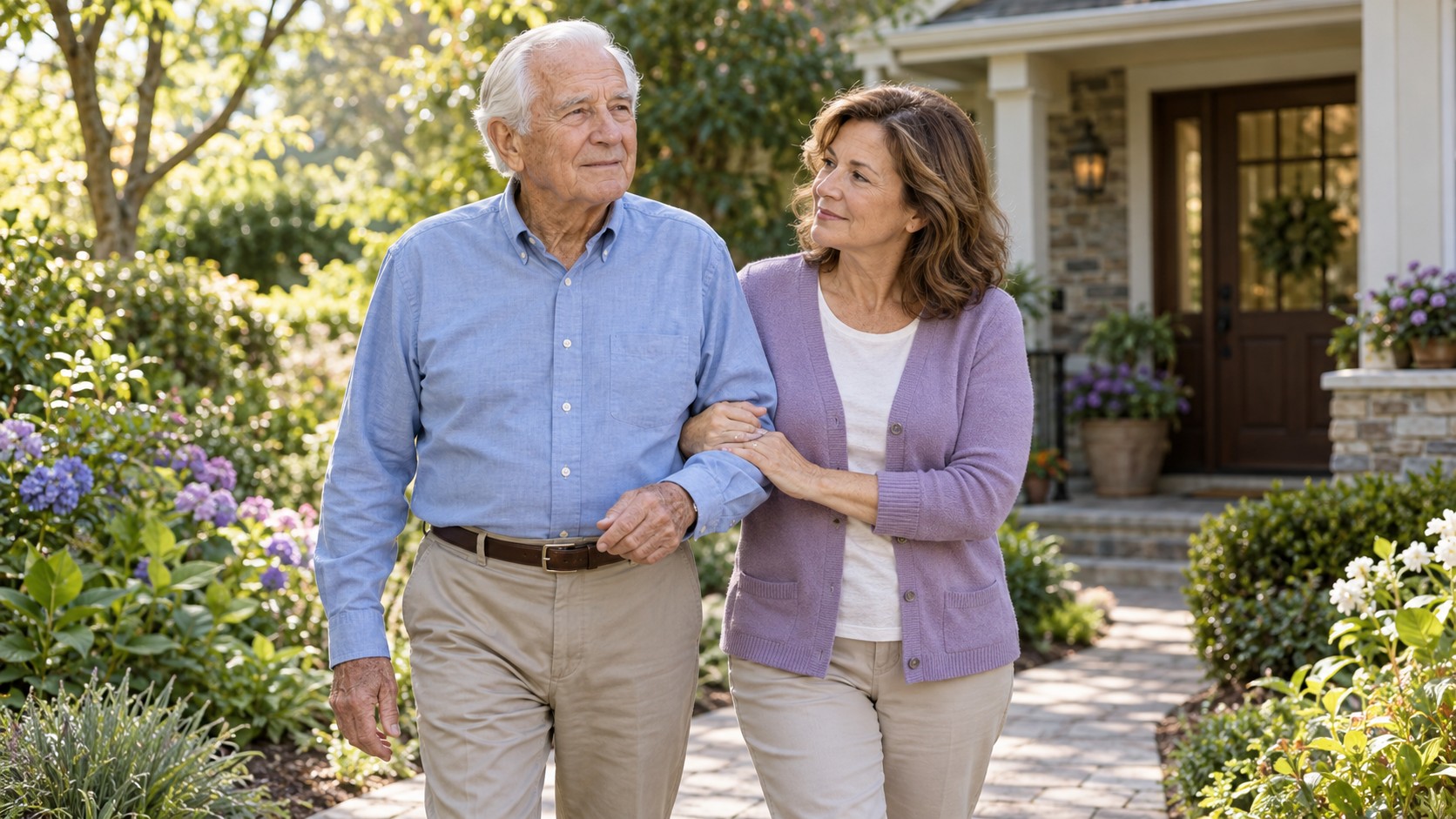 Older man walking beside a family caregiver on a garden path outside a home.