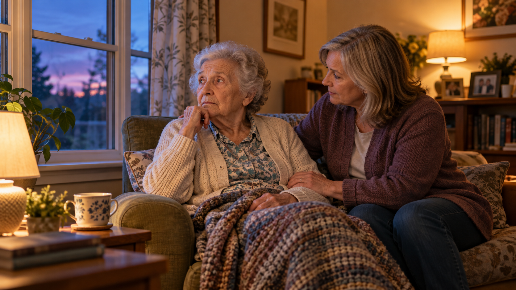 Older woman experiencing late-day confusion while a family caregiver offers calm reassurance