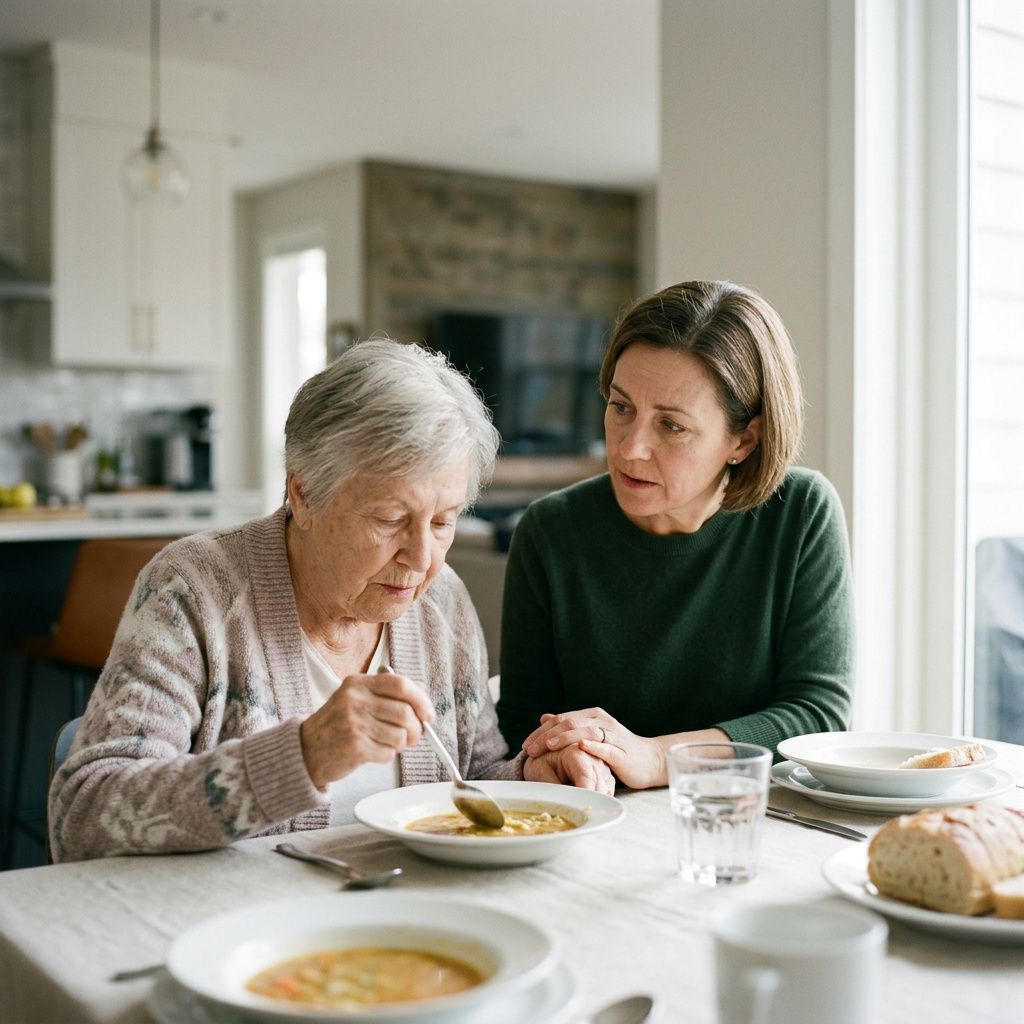caregiver watching elderly parent closely while eating