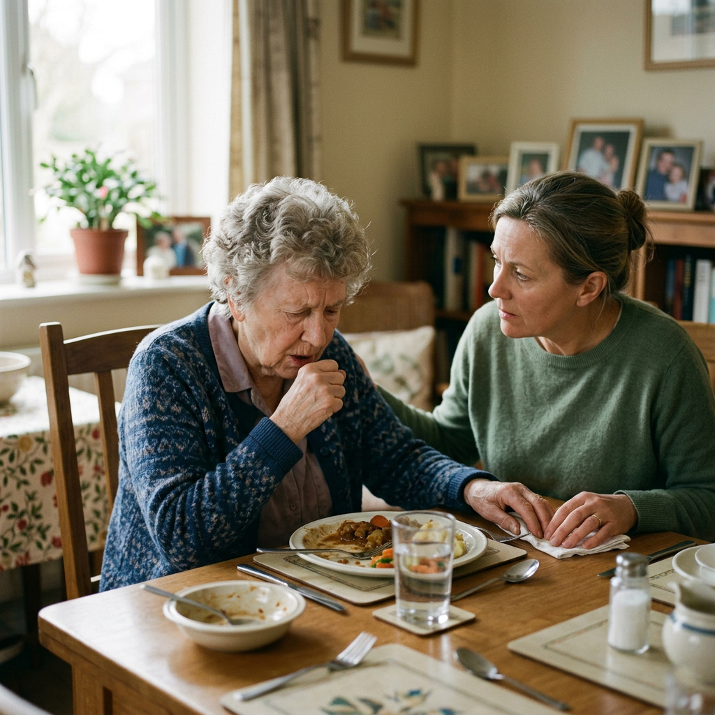 elderly person coughing while eating with caregiver nearby