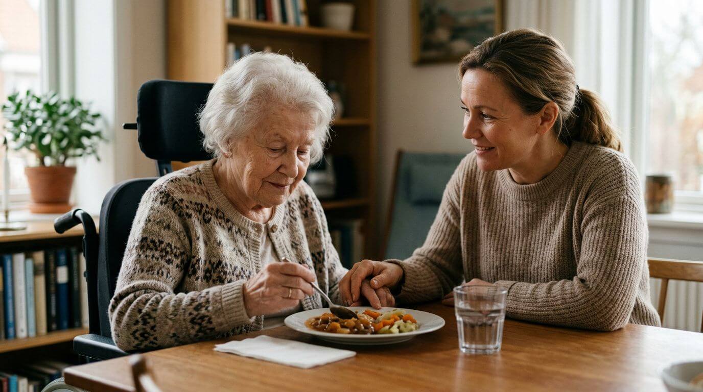 caregiver assisting elderly woman eating at table safely upright