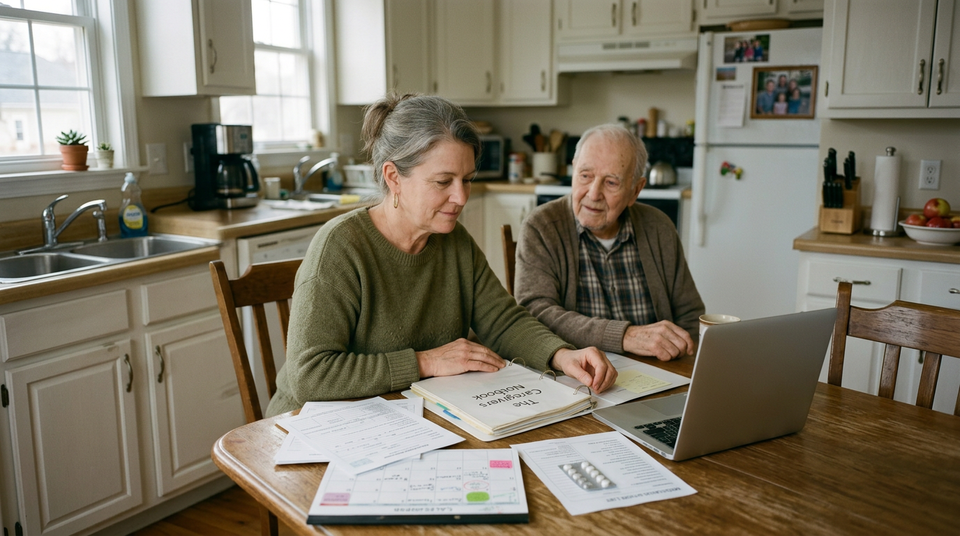 Adult daughter helping her elderly father organize dementia caregiving forms and resources at a kitchen table.