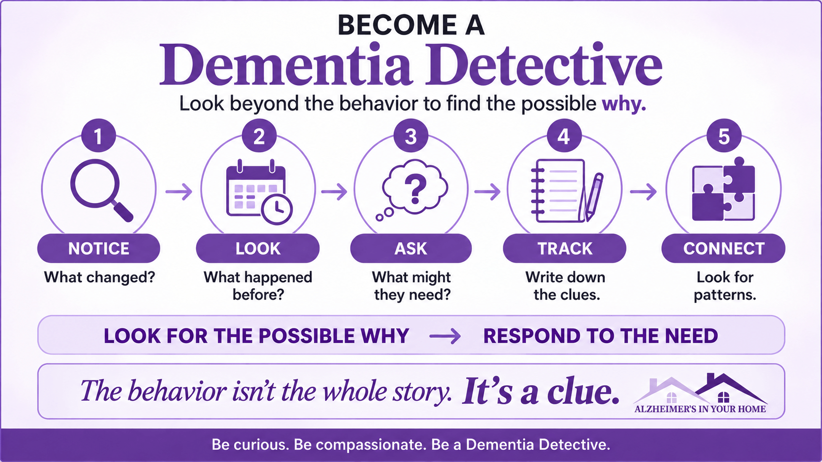 Five-step Dementia Detective process: Notice, Look, Ask, Track, and Connect