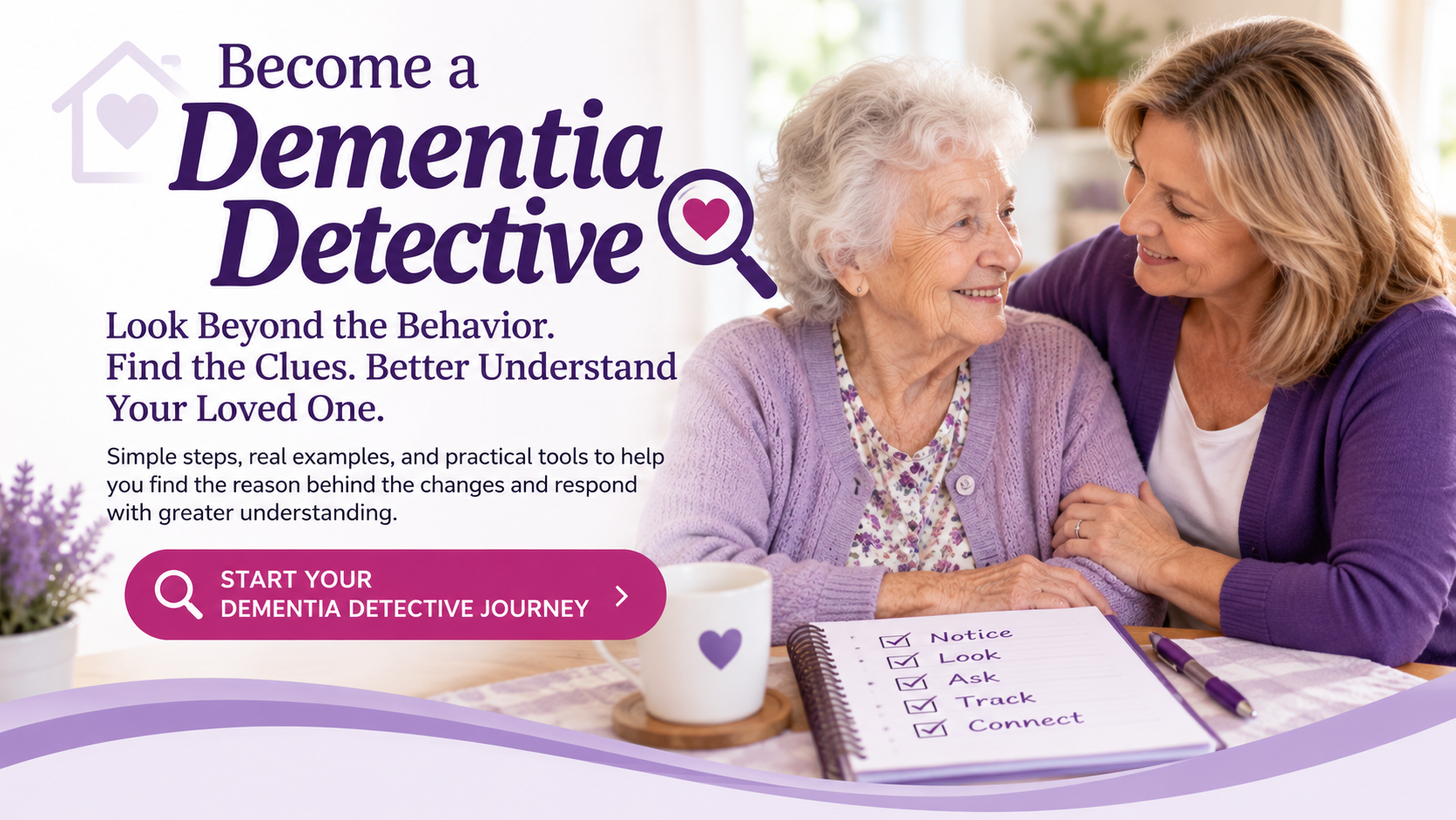 Dementia Detective caregiver education featuring five steps to understand dementia behaviors: Notice, Look, Ask, Track, and Connect.