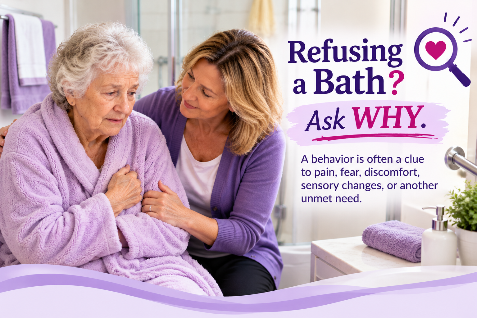 An older woman appears uncomfortable during bath time while her caregiver offers reassurance. Bathing refusal in dementia may be a clue to fear, pain, or discomfort.