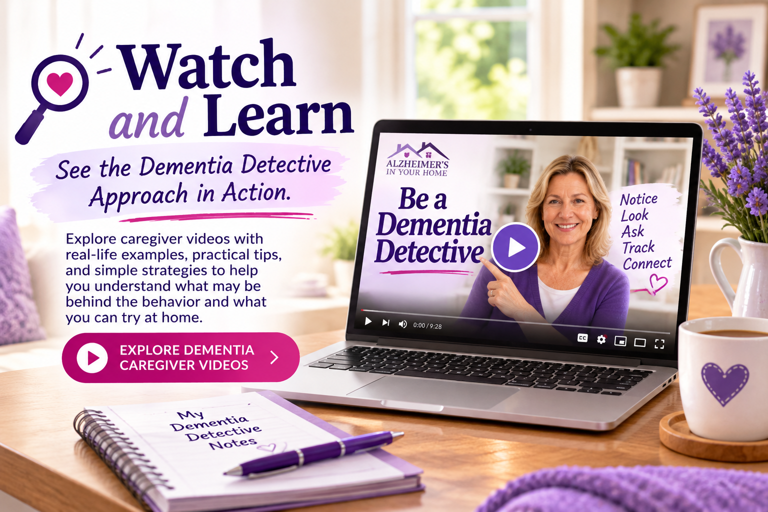 Watch and Learn graphic featuring dementia caregiver education videos about finding clues behind behavior changes and providing better care at home.