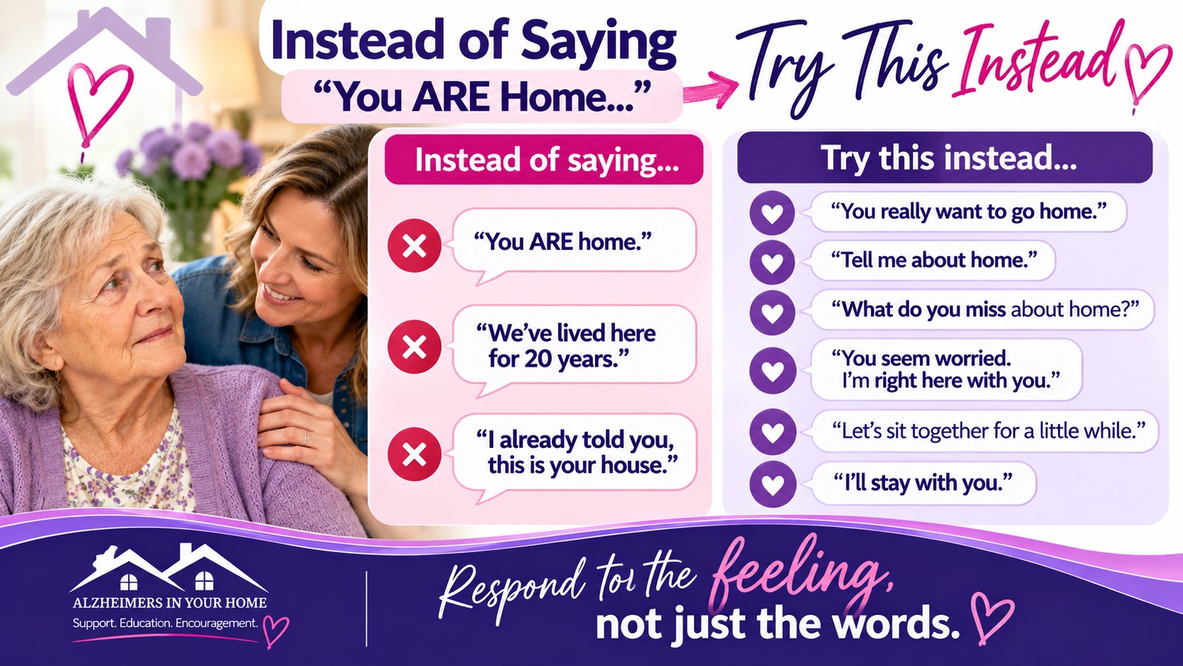 Helpful ways to respond when someone with dementia says “I want to go home” instead of correcting them