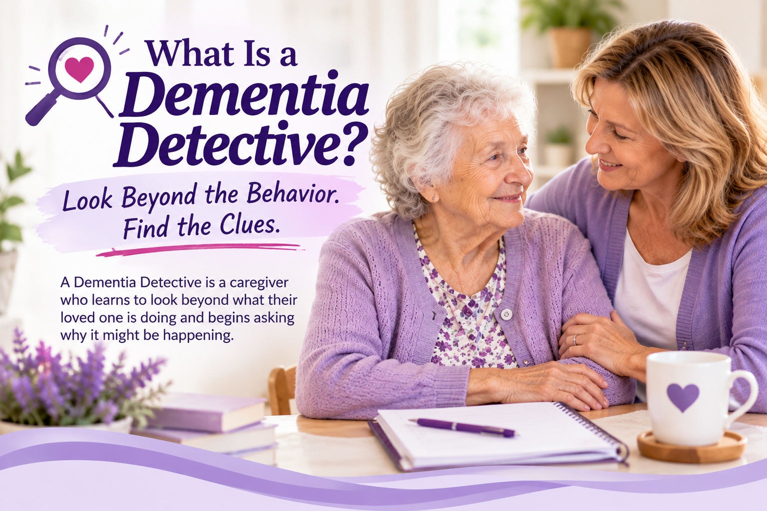 A daughter comforting her older mother, illustrating how a Dementia Detective looks beyond behaviors to understand possible unmet needs.